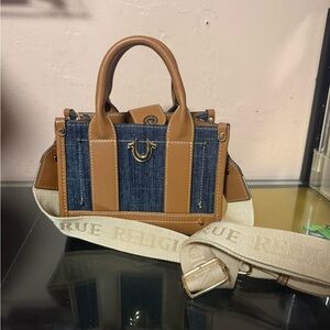 True Religion Tan and Blue Satchel